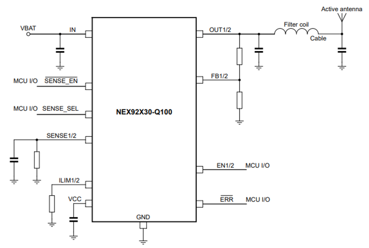 Application Circuit Diagram - Nexperia NEX92x30-Q100 Dual-Channel Antenna LDO Regulators